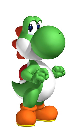 Yoshi the Green Dinosaur Character from Super Mario Bros in a 3D Rendered Pose HD phone wallpaper