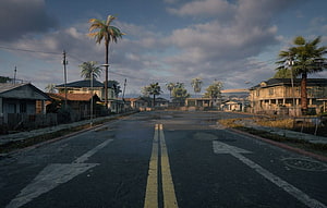 Grove Street in GTA San Andreas: Empty Road with Palm Trees and Cloudy Sky HD wallpaper