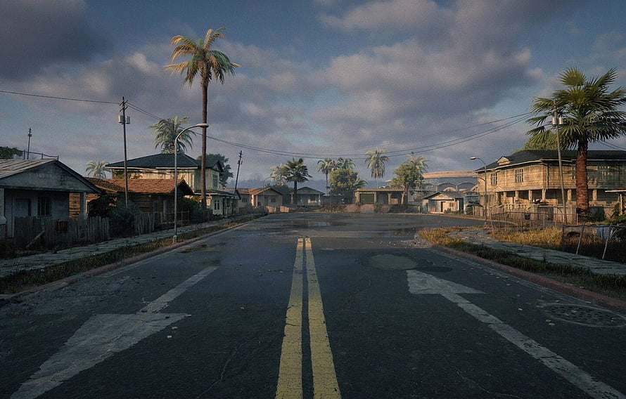 Grove Street in GTA San Andreas: Empty Road with Palm Trees and Cloudy Sky HD wallpaper