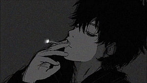 Dark Aesthetic Anime Boy Smoking Cigarette in Moody Black and White Illustration HD wallpaper