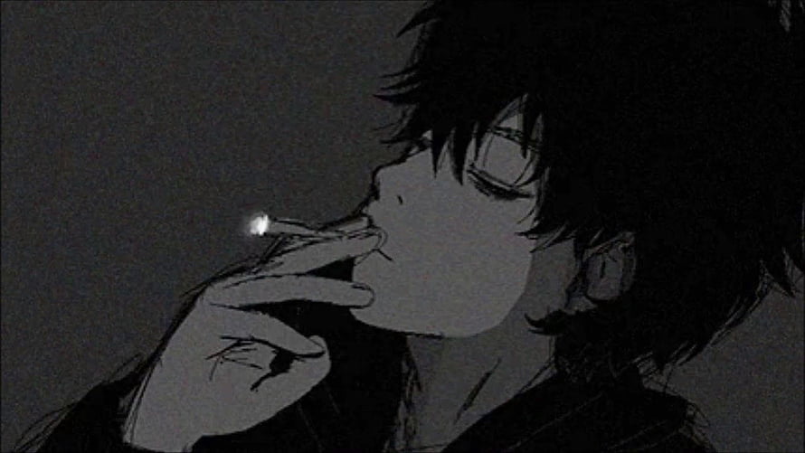 Dark Aesthetic Anime Boy Smoking Cigarette in Moody Black and White Illustration HD wallpaper