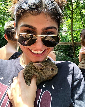 Mia Khalifa Smiling While Holding a Small Brown Rabbit in a Sunny Outdoor Setting HD phone wallpaper