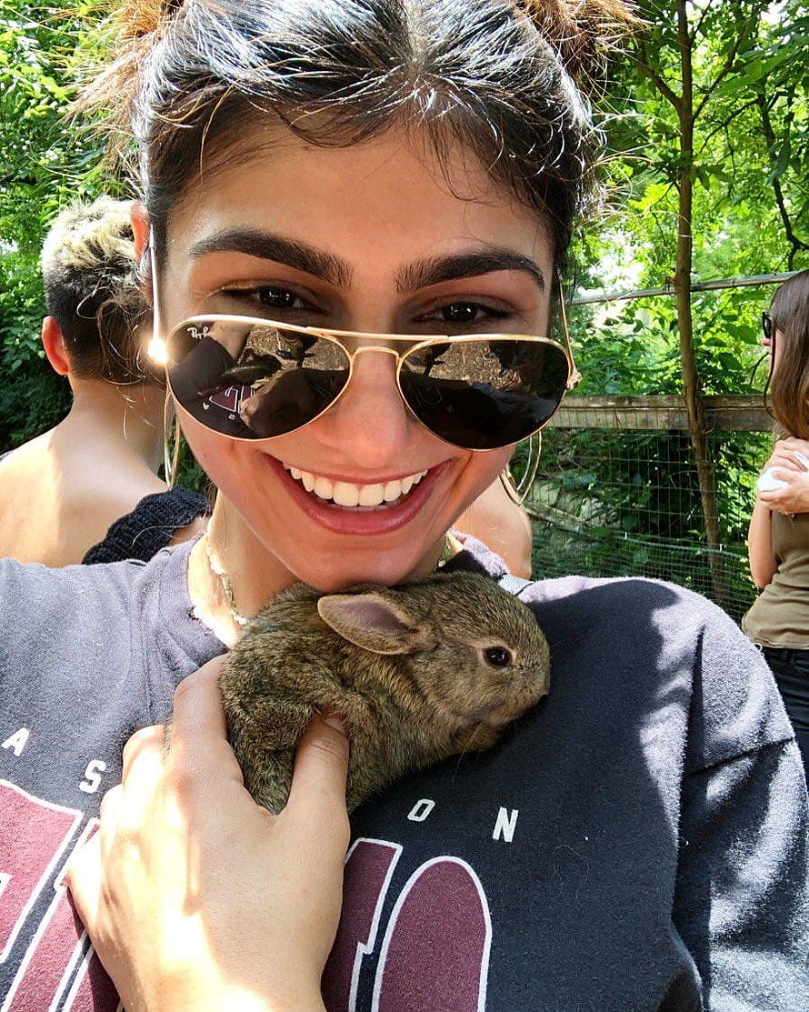 Mia Khalifa Smiling While Holding a Small Brown Rabbit in a Sunny Outdoor Setting HD phone wallpaper
