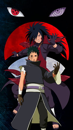Madara and Obito Uchiha anime duo with Sharingan and Rinnegan eyes against a red moon backdrop HD phone wallpaper