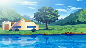 Dragon Ball Z Planet Namek Landscape with Dome House and River HD wallpaper