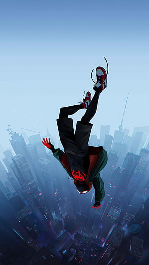 Miles Morales Spider-Man Falling Through a Futuristic Cityscape in a Stylized Digital Art Style, Miles Morales Spider Man Into The Spider Verse , anime aesthetic spider verse HD phone wallpaper