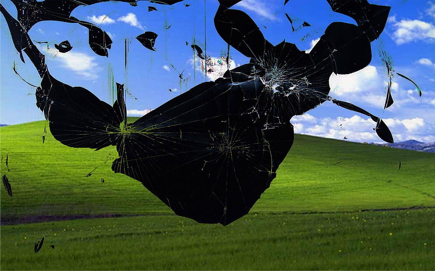 Cracked Glass Overlay on Classic Windows XP Bliss Landscape Wallpaper HD wallpaper