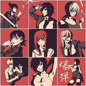 Chainsaw Man Character Grid Artwork with Red Background and Anime Style HD phone wallpaper