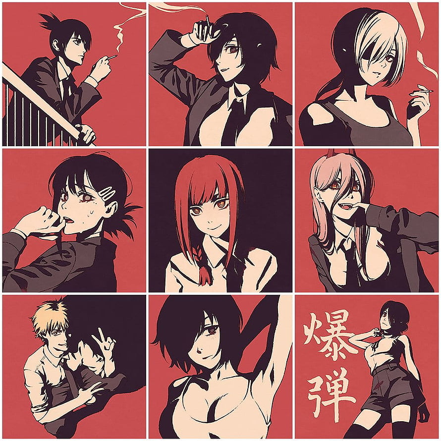 Chainsaw Man Character Grid Artwork with Red Background and Anime Style HD phone wallpaper