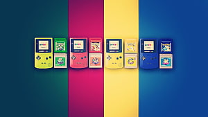 Colorful Game Boy Pocket Consoles with Pokemon Game Cartridges on Vibrant Background HD wallpaper