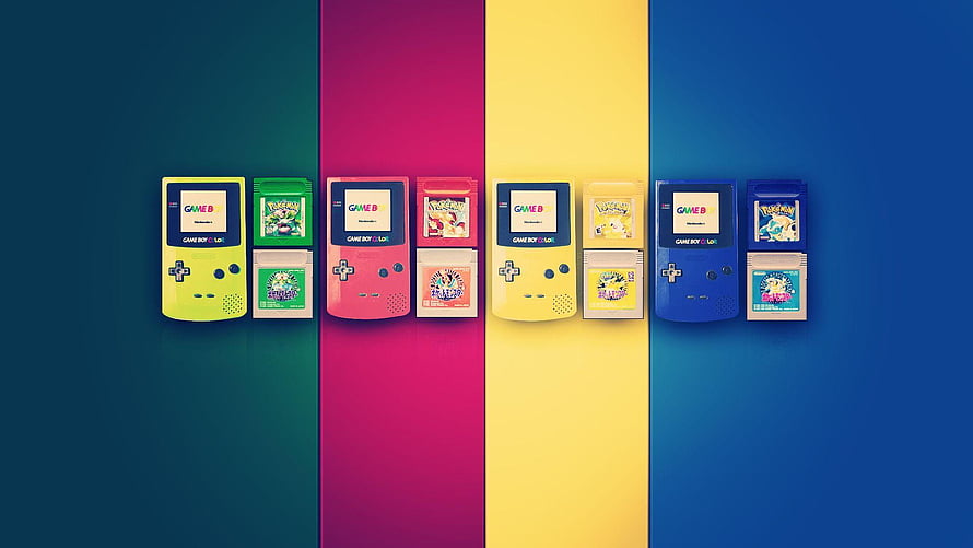 Colorful Game Boy Pocket Consoles with Pokemon Game Cartridges on Vibrant Background HD wallpaper