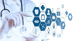 Medical Professional Interacting with Digital Health Care Infographic Icons HD wallpaper