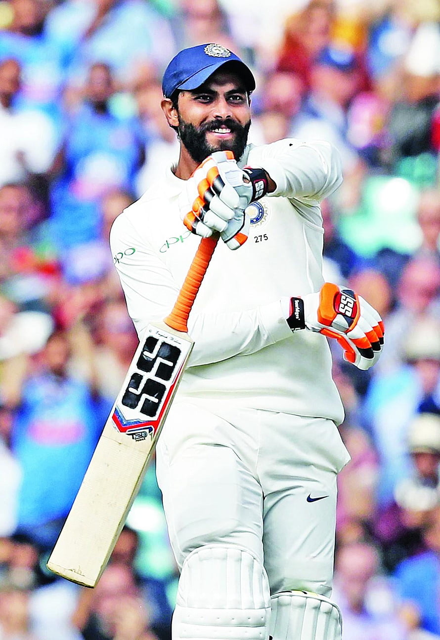 Ravindra Jadeja Celebrating a Century in Indian Test Cricket Whites HD phone wallpaper