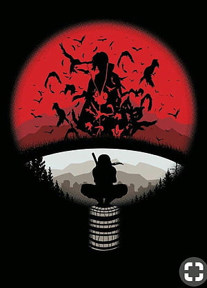 Itachi Uchiha Silhouette Artwork with Crows and Red Moon HD phone wallpaper