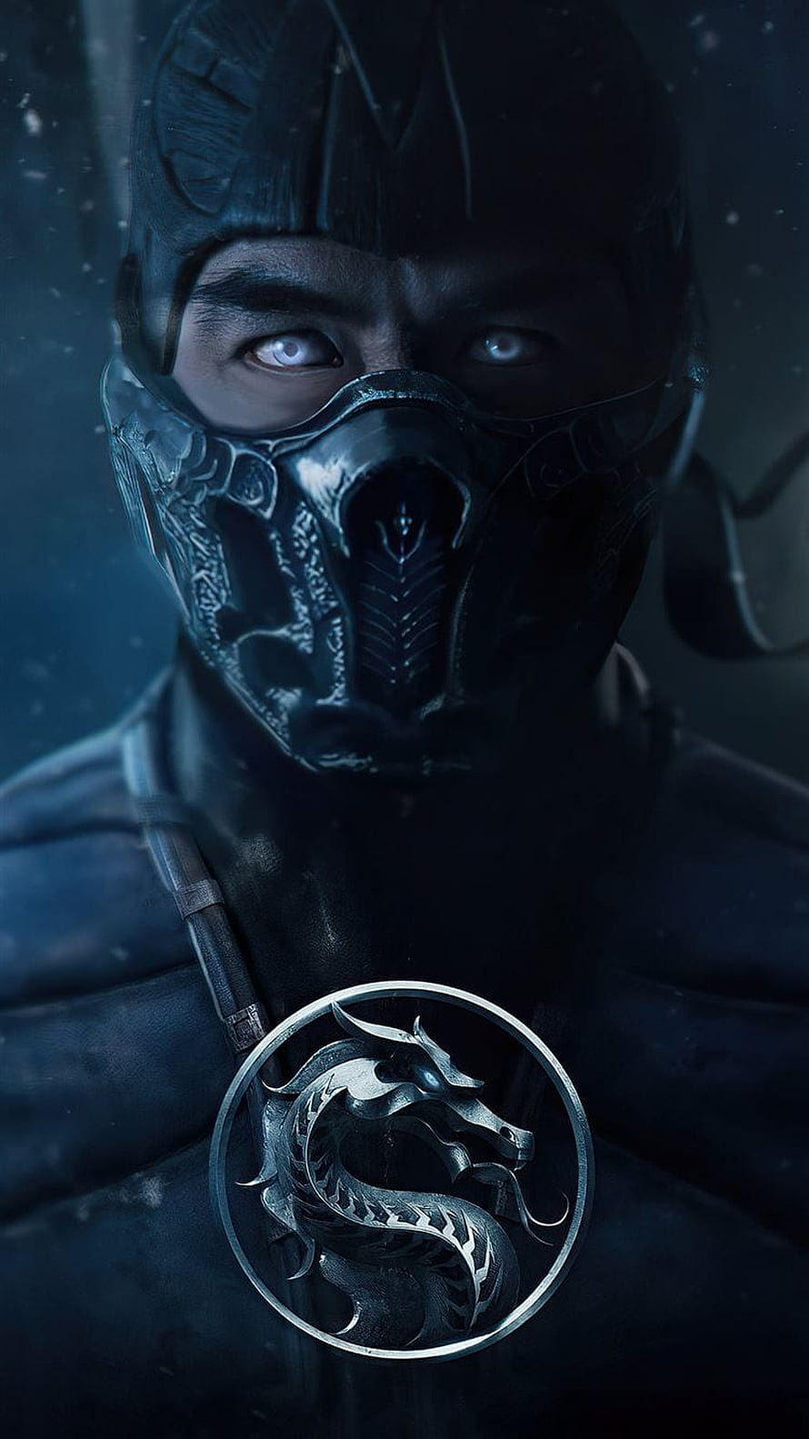 Sub Zero from Mortal Kombat in a dark cinematic portrait with ornate mask and dragon emblem HD phone wallpaper
