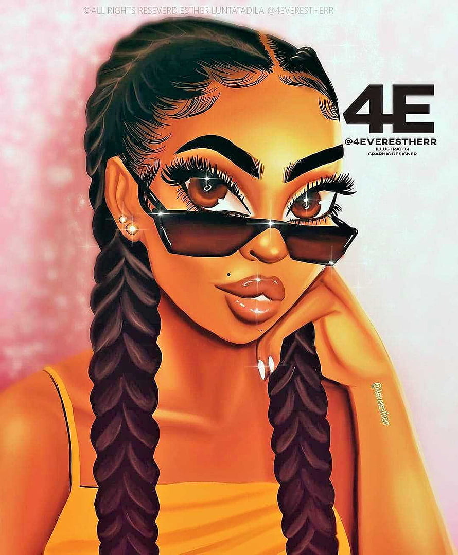Stylized digital illustration of a woman with long braids and sunglasses resting her chin on her hand HD phone wallpaper