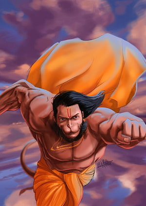 Hanuman in Dynamic Action Pose with Flowing Orange Garments Against Dramatic Sky HD phone wallpaper