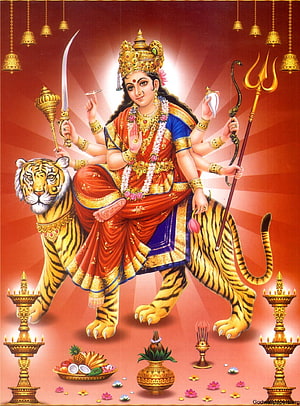 Maa Amba Durga Riding Tiger with Trident and Sword in Traditional Indian Art HD phone wallpaper