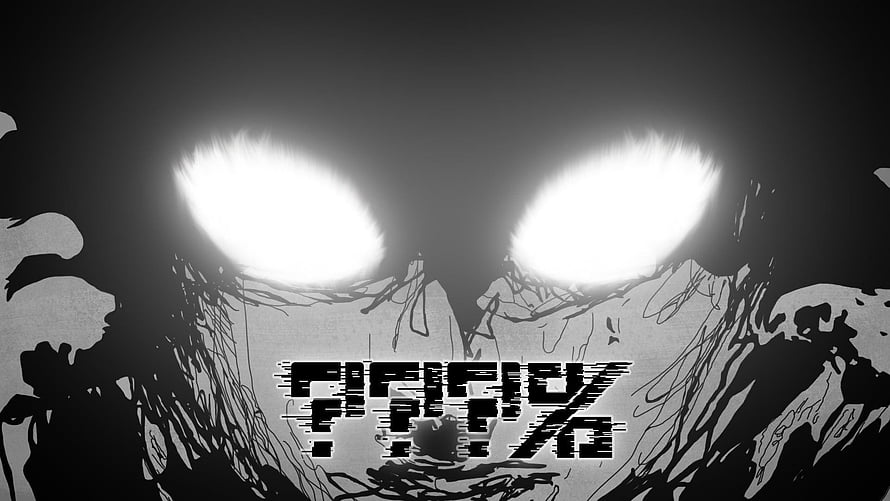 Mob Psycho 100 Glitch Art with Glowing Eyes and Distorted Typography HD wallpaper