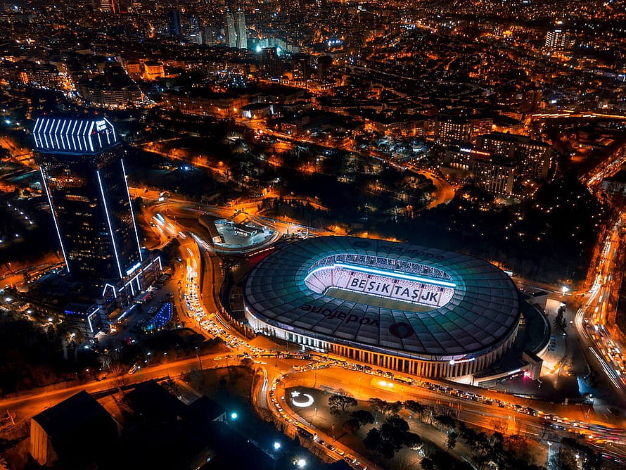 Aerial Night View of Besiktas Vodafone Park Stadium in Istanbul HD wallpaper