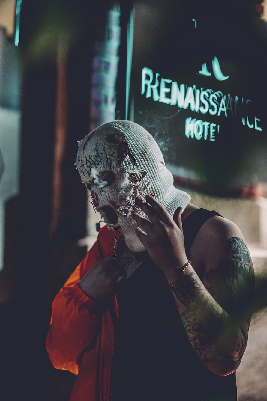 Tattooed Person Wearing Distressed White Ski Mask Smoking Cigarette HD phone wallpaper