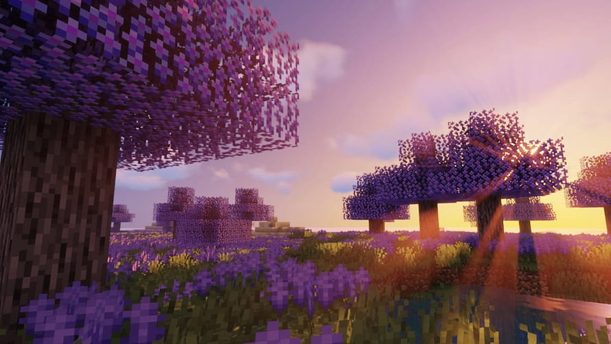 Minecraft Cherry Grove Biome at Sunset with Purple Blossoms and Glowing Sky HD wallpaper