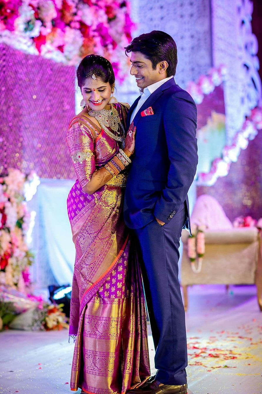 South Indian Wedding Couple in Traditional Saree and Formal Suit HD phone wallpaper