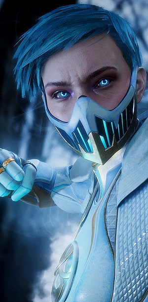 Frost from Mortal Kombat in a futuristic white and blue armored suit with glowing eyes and a high-tech mask HD phone wallpaper