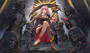 Mori Calliope Anime Illustration Seated on Throne of Skulls with Scythe and Wine HD wallpaper