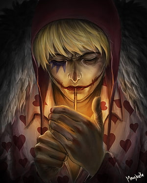 Donquixote Rosinante in Heart Pattern Hoodie with Face Paint and Cigarette HD phone wallpaper