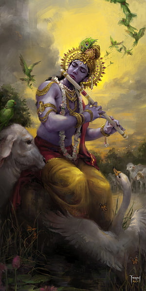 Krishna Playing Flute in a Serene Pastoral Landscape with Peacocks and Swans HD phone wallpaper