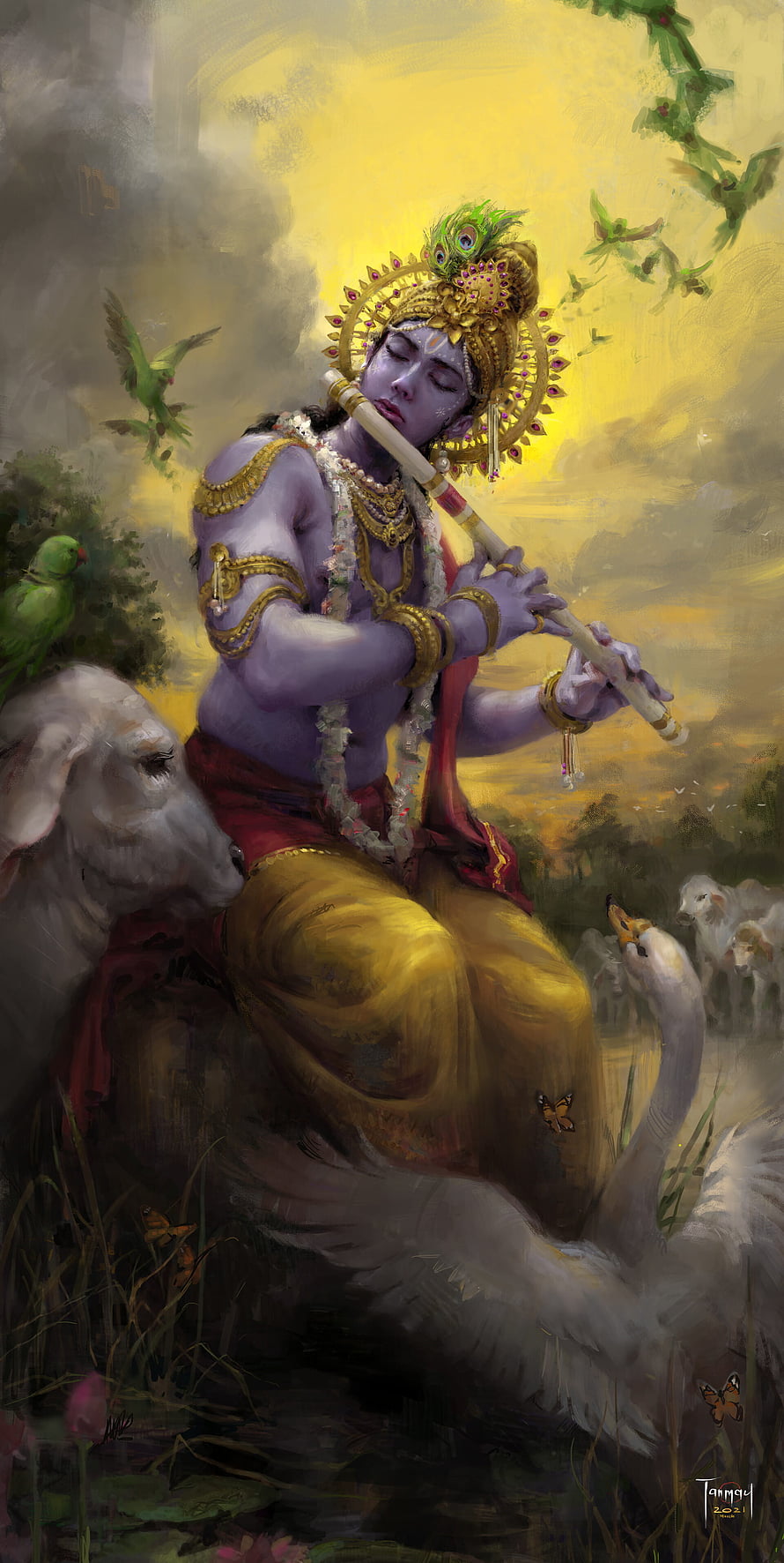 Krishna Playing Flute in a Serene Pastoral Landscape with Peacocks and Swans HD phone wallpaper