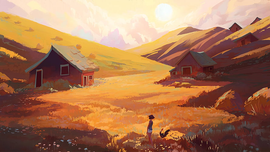 Warm Digital Painting of a Solitary Figure in a Golden Mountain Valley with Rustic Cabins HD wallpaper