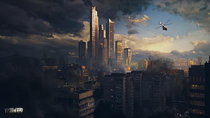 Escape from Tarkov Cityscape at Dusk with Helicopter and Dramatic Clouds HD wallpaper