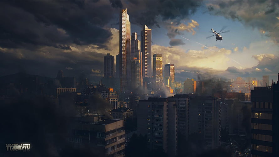 Escape from Tarkov Cityscape at Dusk with Helicopter and Dramatic Clouds HD wallpaper
