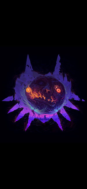 Majora's Mask Dark Moon Rising Over Jagged Peaks in Purple and Orange HD phone wallpaper