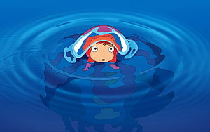 Ponyo Floating in Deep Blue Water with Red Hair and Wide Eyes HD wallpaper