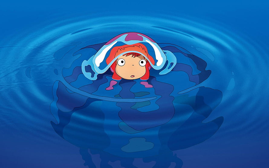 Ponyo Floating in Deep Blue Water with Red Hair and Wide Eyes HD wallpaper