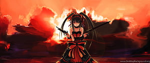 Anime girl with dual pistols in a fiery red landscape HD wallpaper