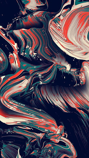 Abstract Acrylic Pour Art with Swirling Red, Teal, and White Paint on Black Background HD phone wallpaper
