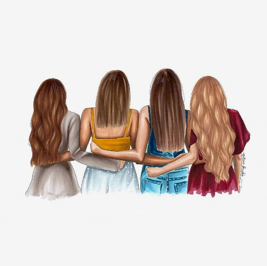 Four Best Friends Standing Together With Arms Around Each Other in a Watercolor Illustration HD wallpaper