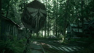 The Last of Us Part II Overgrown Forest Village with Rusty Stop Sign HD wallpaper