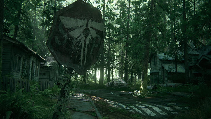 The Last of Us Part II Overgrown Forest Village with Rusty Stop Sign HD wallpaper