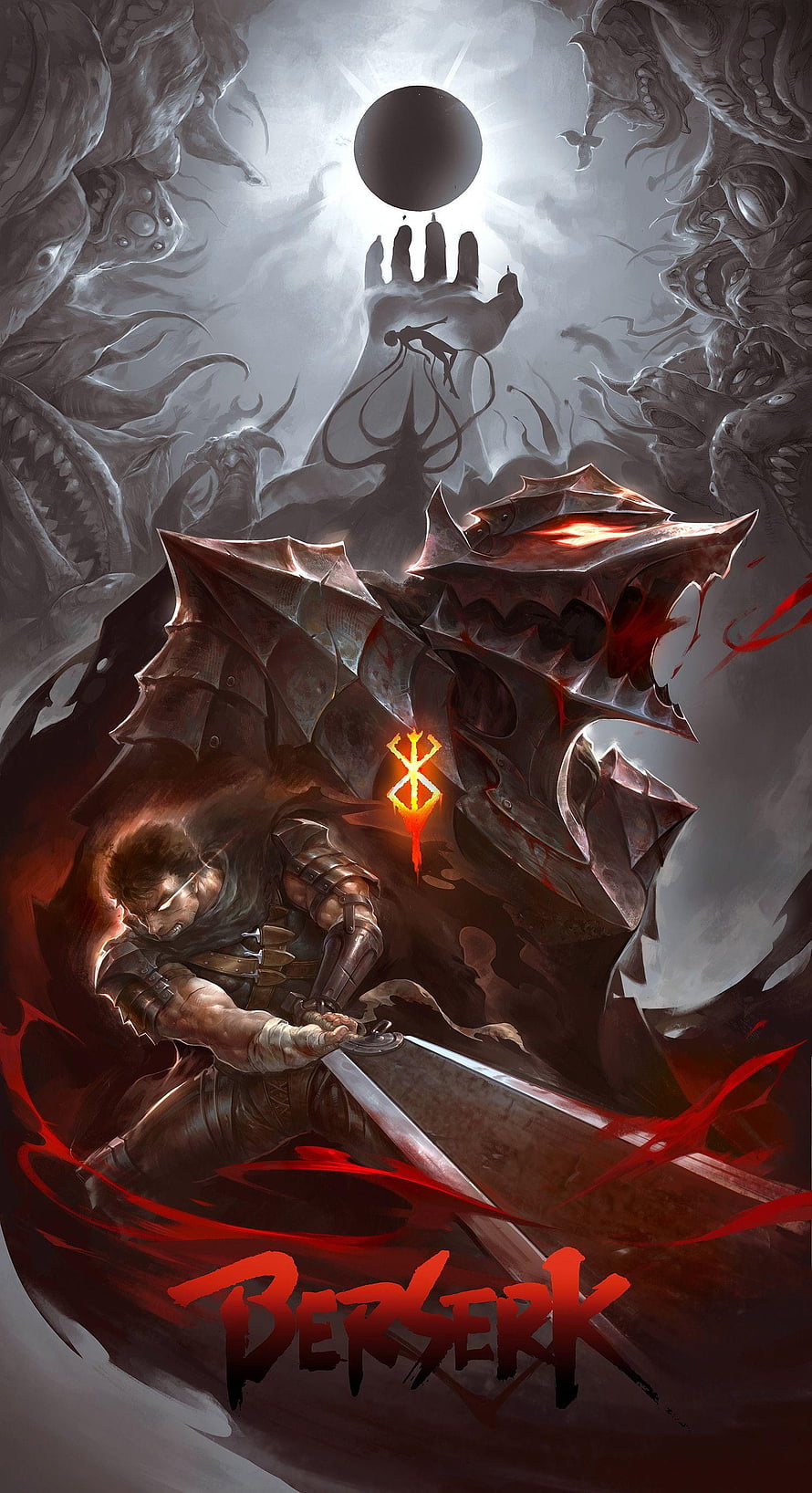 Berserk Guts with Dragon Slayer Sword and Black Swordsman Armor in Dark Fantasy Art HD phone wallpaper