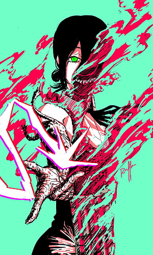 Reze from Chainsaw Man in a gritty red and green anime illustration HD phone wallpaper