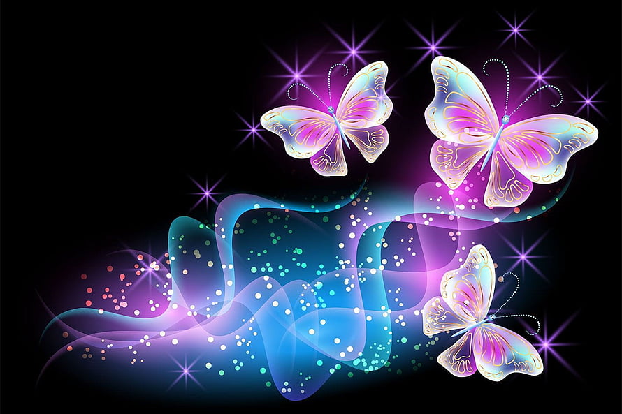 Glowing Neon Butterflies with Sparkling Ribbons on Black Background HD wallpaper