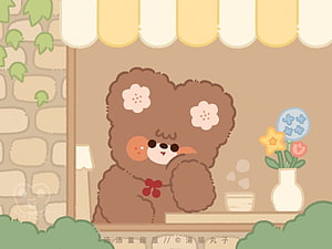 Cute Kawaii Bear Illustration with Flowers and Coffee in Cozy Cafe Setting HD wallpaper