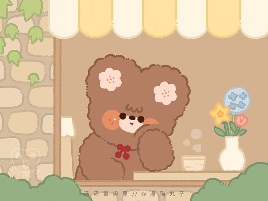 Cute Kawaii Bear Illustration with Flowers and Coffee in Cozy Cafe Setting HD wallpaper
