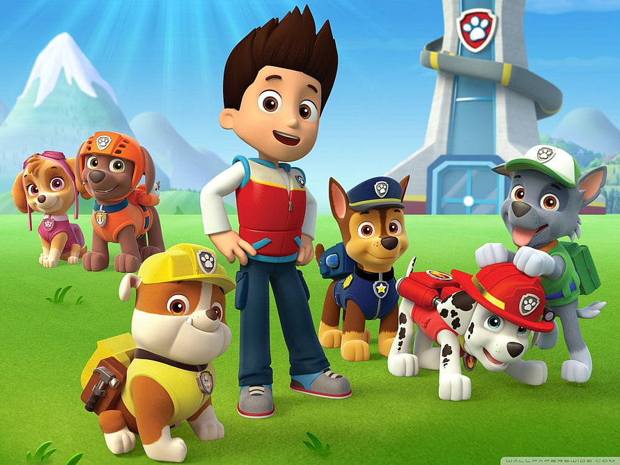 Paw Patrol Team and Ryder Standing Together on Green Grass with Watchtower HD wallpaper