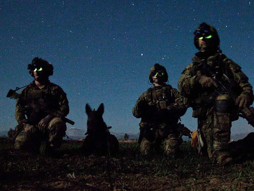 US Army Rangers and Military Working Dog on Night Patrol Under Starry Sky HD wallpaper